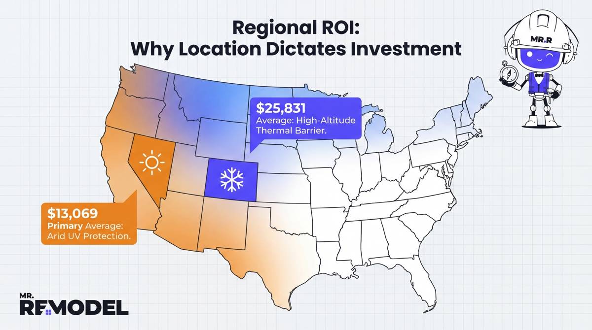 A map-based infographic comparing window investment data in Colorado and Nevada, explaining how local climate drives project costs and ROI strategies.